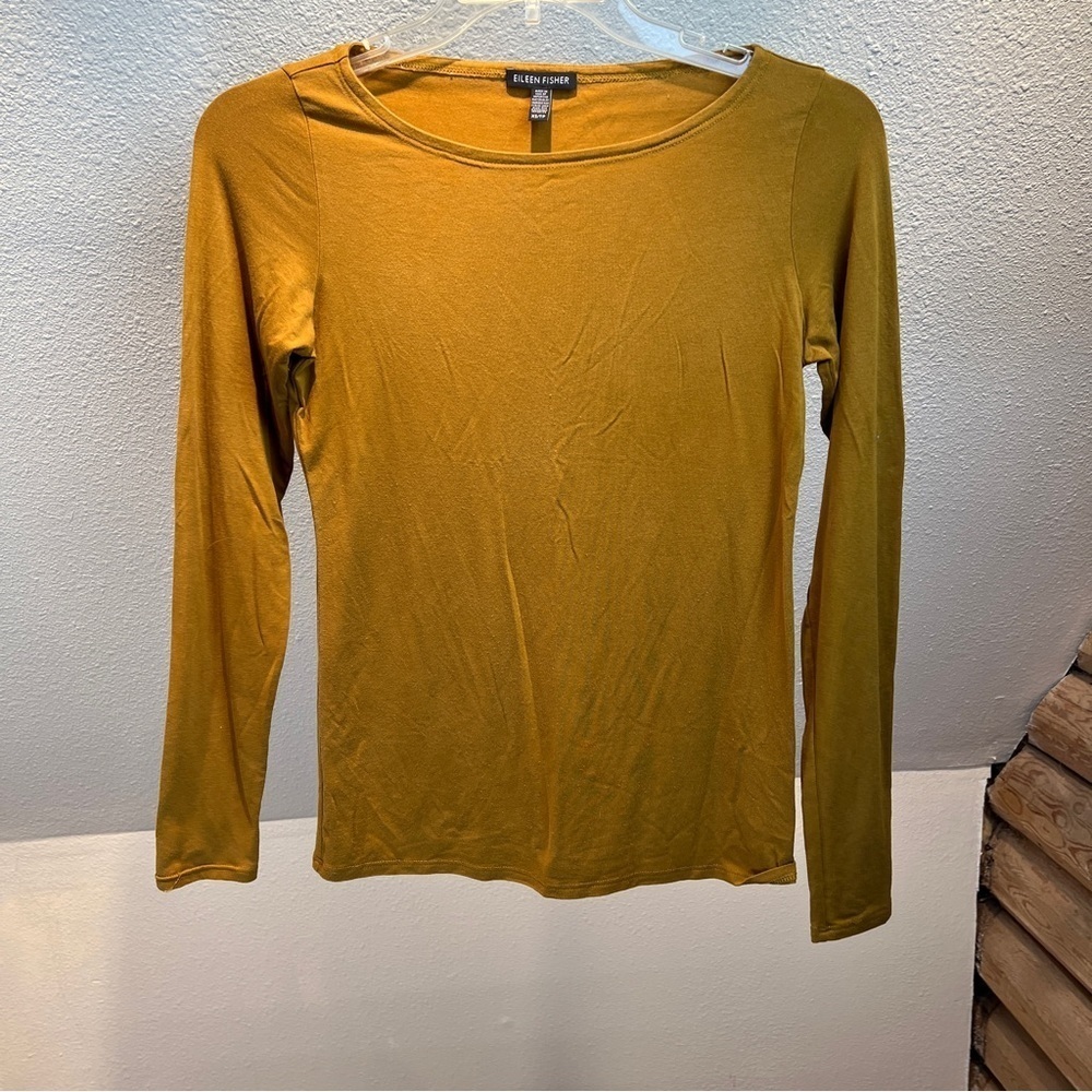 EILEEN FISHER Gold Bateau Neck Long Sleeve Tee. Size XS